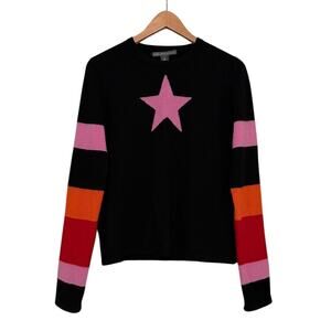 Saks Fifth Avenue Cashmere Star Sweater Pink Stripe Sleeve Black Medium